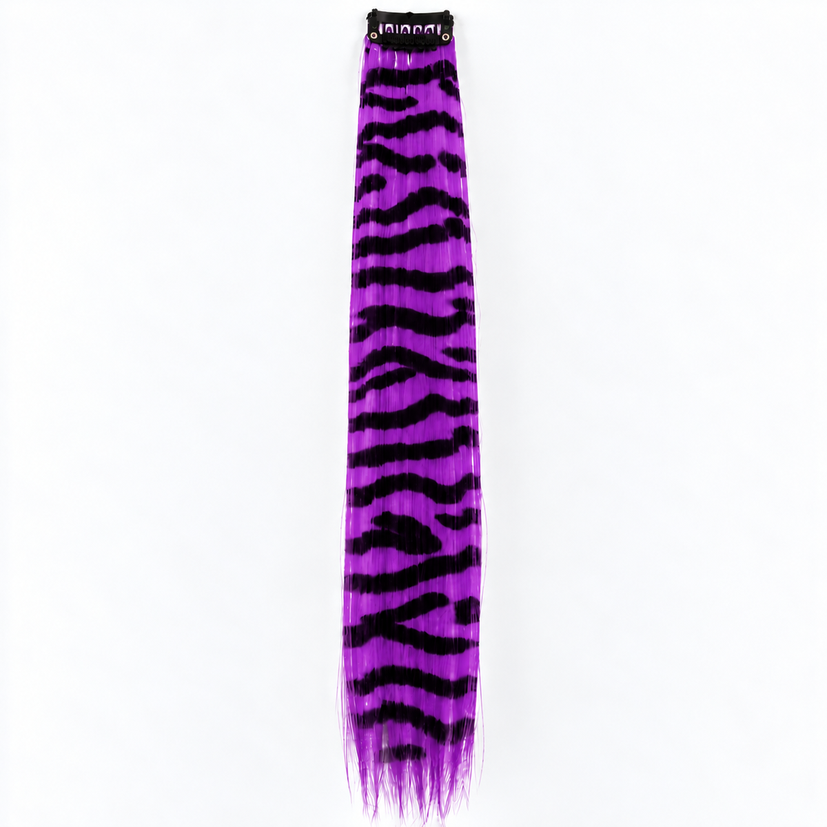 Purple and black zebra-striped clip-in hair extension with long synthetic strands.