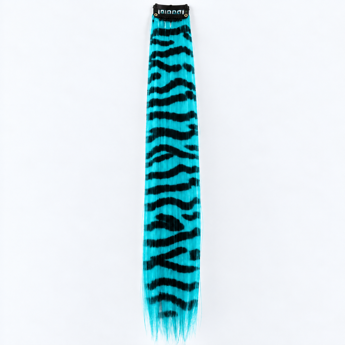 Turquoise and black zebra-striped clip-in hair extension with long synthetic strands.