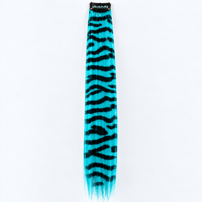 Turquoise and black zebra-striped clip-in hair extension with long synthetic strands.