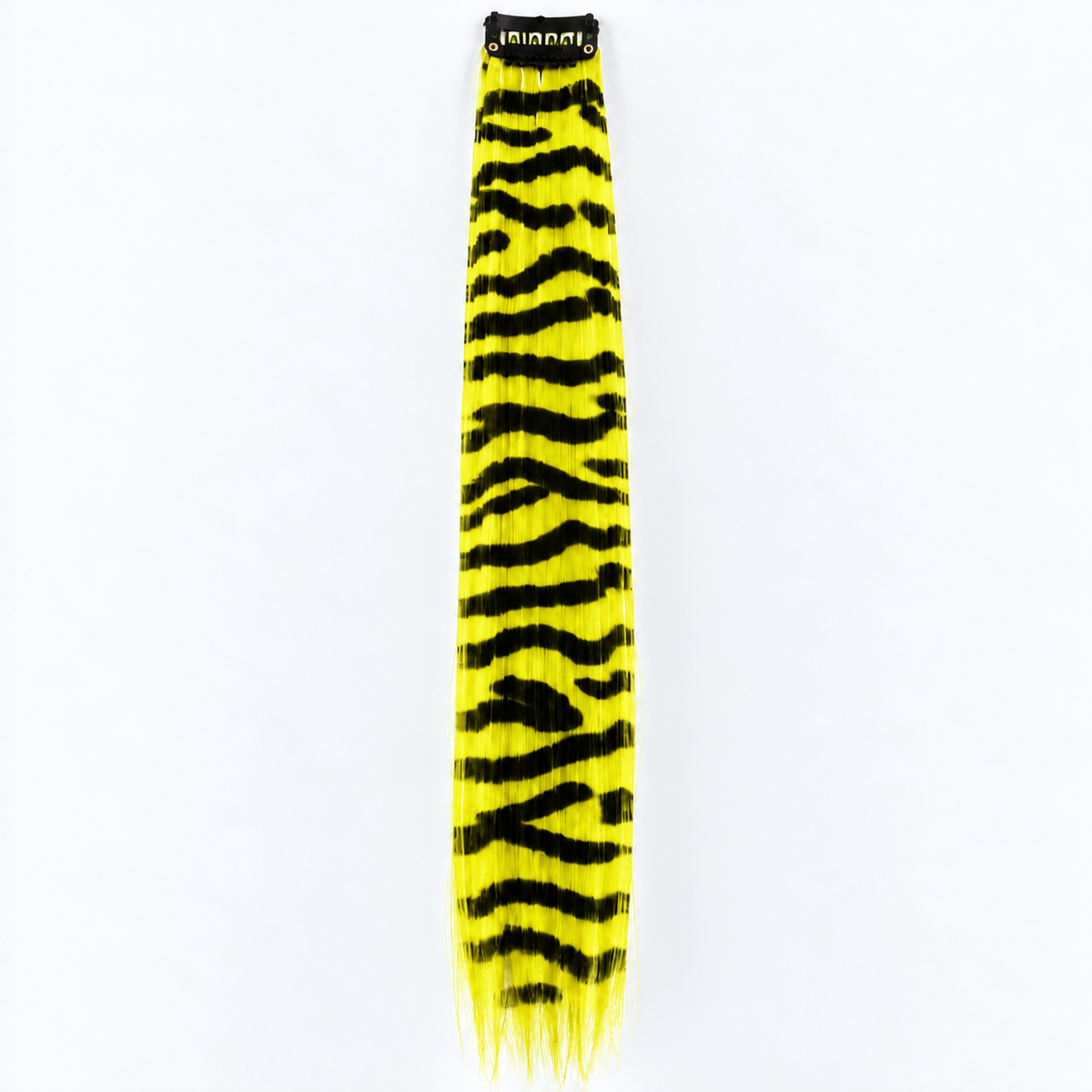 Yellow and black zebra-striped clip-in hair extension with long synthetic strands.