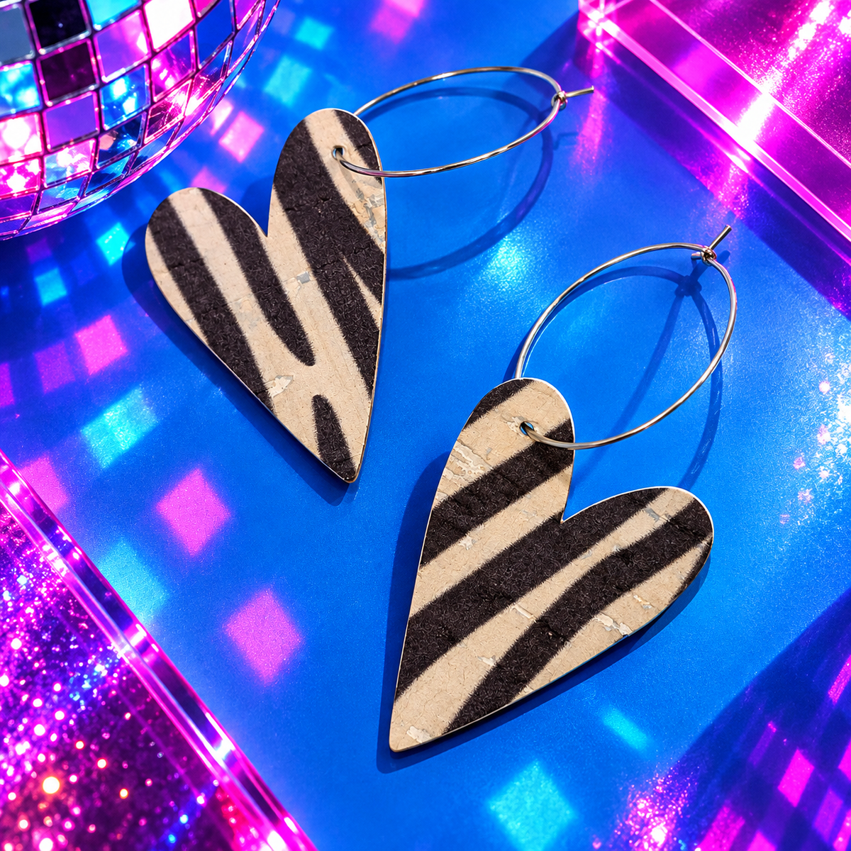 Zebra print cork heart hoop earrings with silver stainless steel hoops by Trend Tonic