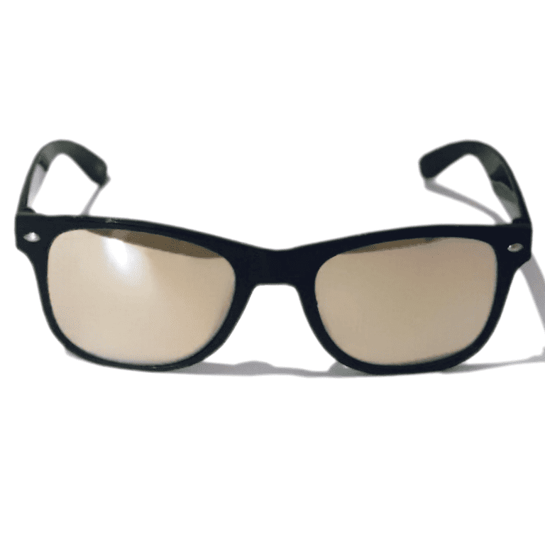 Front view of black frame diffraction glasses with tinted lenses on a white background