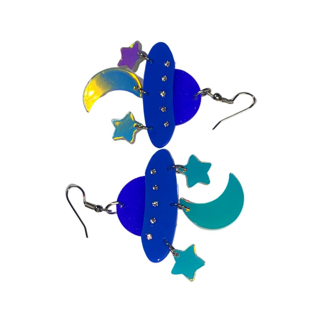 Earrings - UFO moon and stars drops
