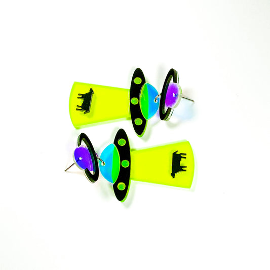 Earrings - Oversized neon cow abduction drops