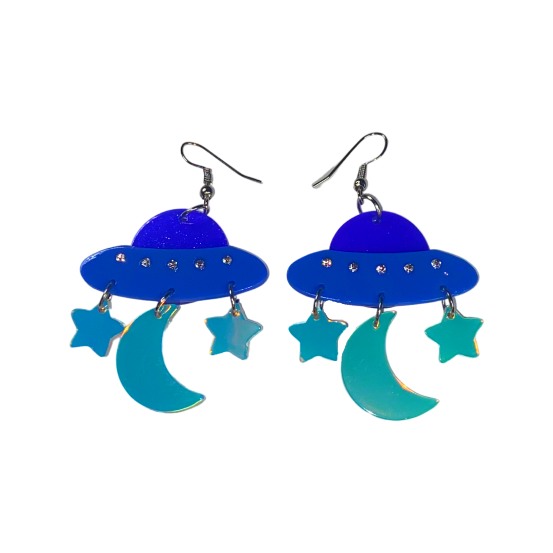 Earrings - UFO moon and stars drops
