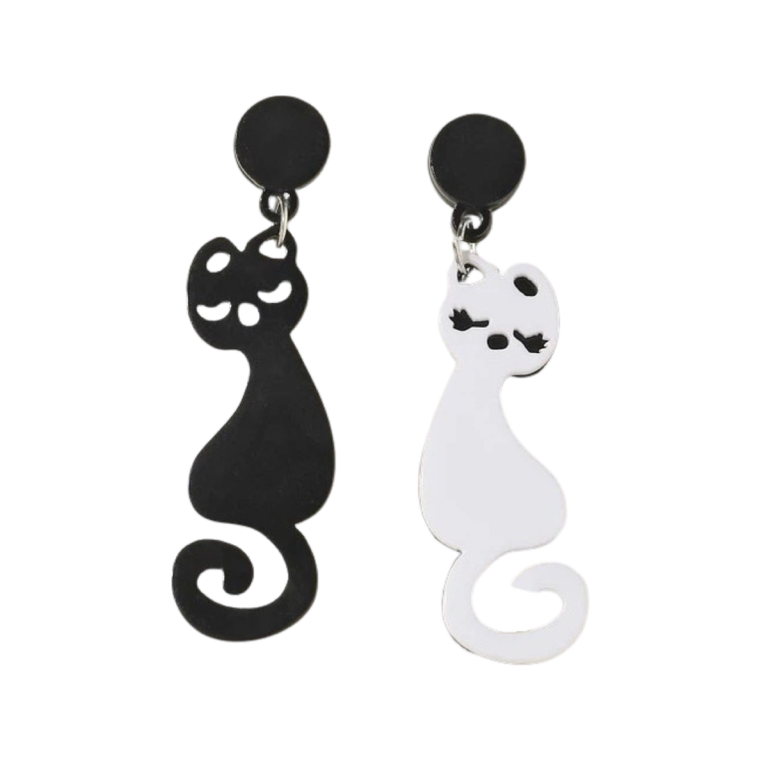 Earrings - Mismatched black and white cat drops