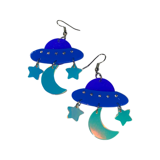 Earrings - UFO moon and stars drops