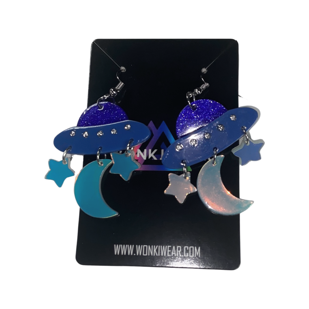 Earrings - UFO moon and stars drops