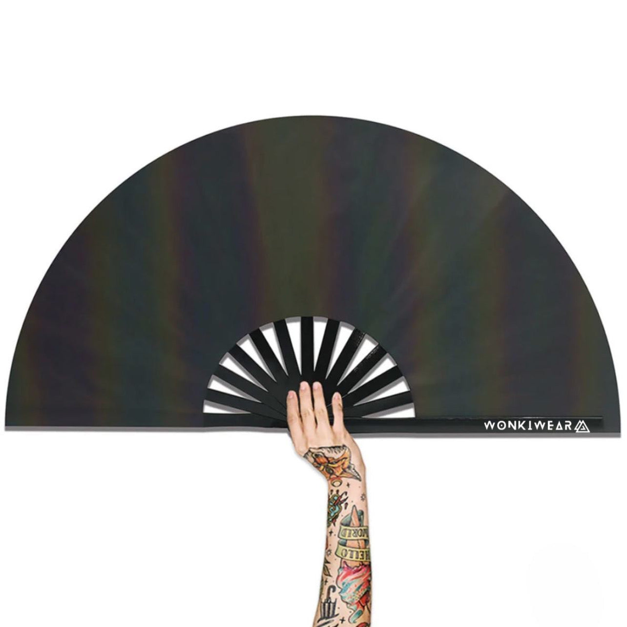 no flash XL oil slick reflective festival fan showing holographic rainbow reflection effect