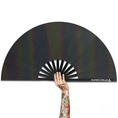 no flash XL oil slick reflective festival fan showing holographic rainbow reflection effect
