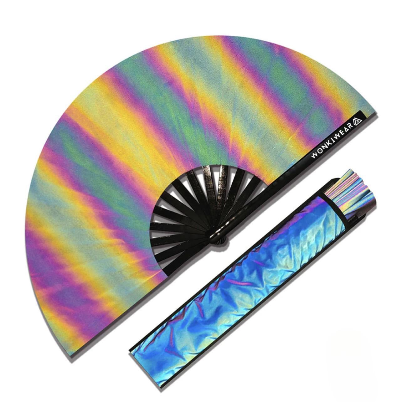 XL oil slick reflective festival fan with matching wearable holster carrier