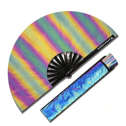XL oil slick reflective festival fan with matching wearable holster carrier