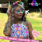 Woman wearing Wonkiwear kaleidoscope glasses at festival with colourful prism lens reflections