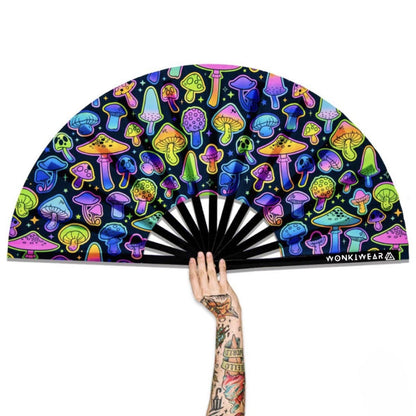 XL UV blacklight reactive mushroom festival fan with black bamboo ribs