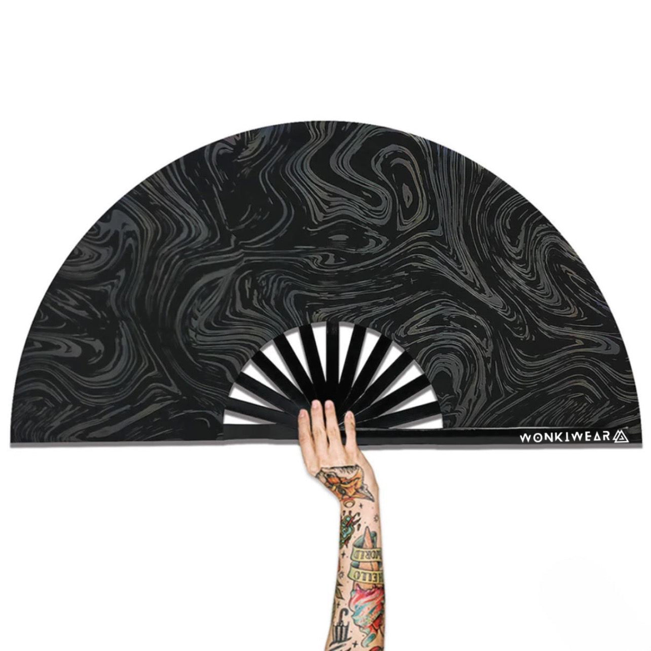 XL flash reflective swirl festival fan with rainbow iridescent spiral design and black bamboo ribs, flash off