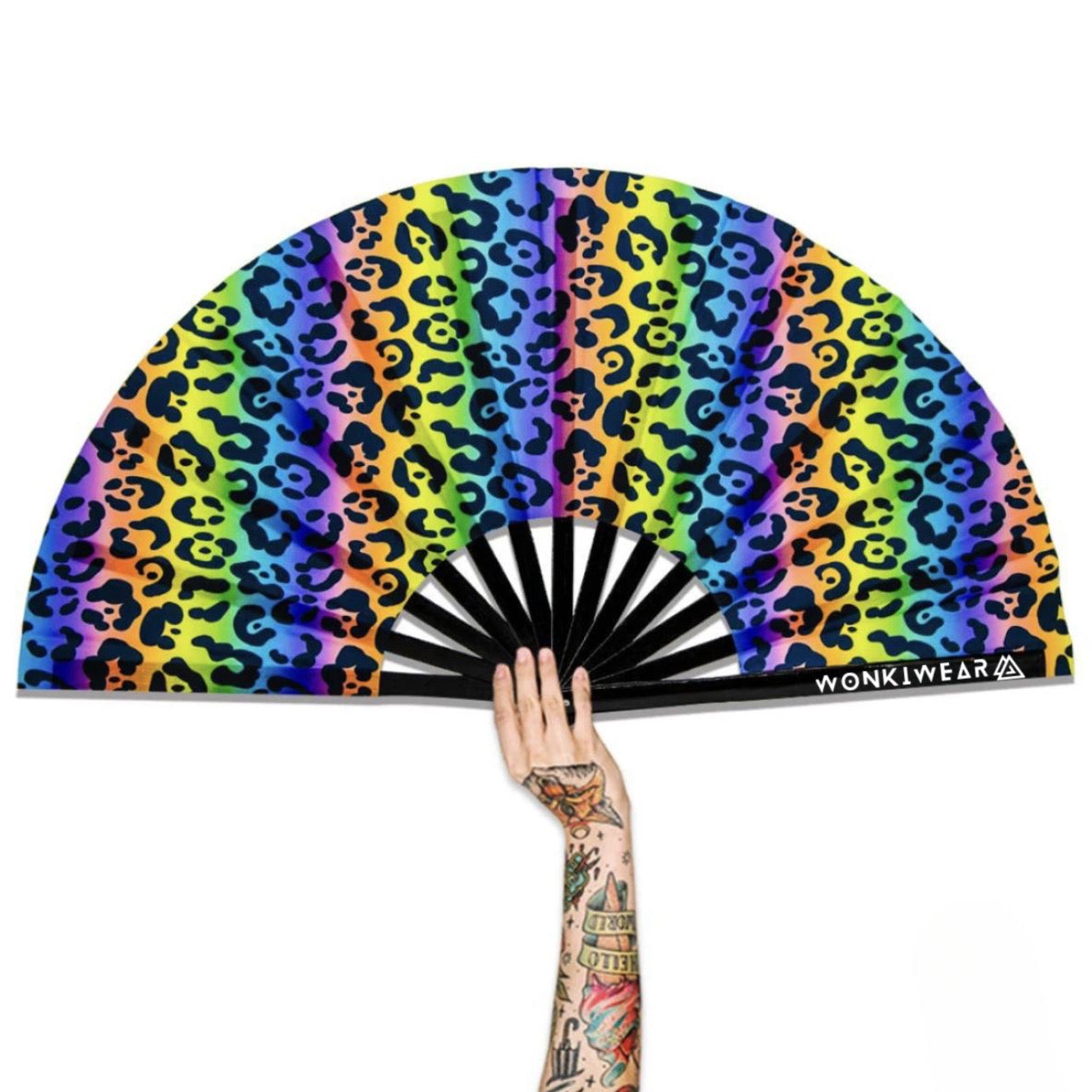  UV reactive rainbow leopard print festival fan with black bamboo ribs on white background